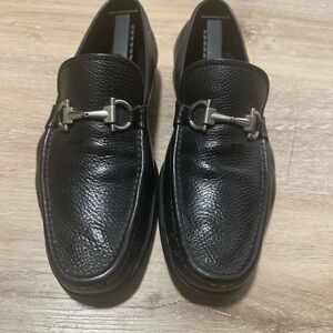 Ferragamo Black Leather Loafers with Silver Buckle